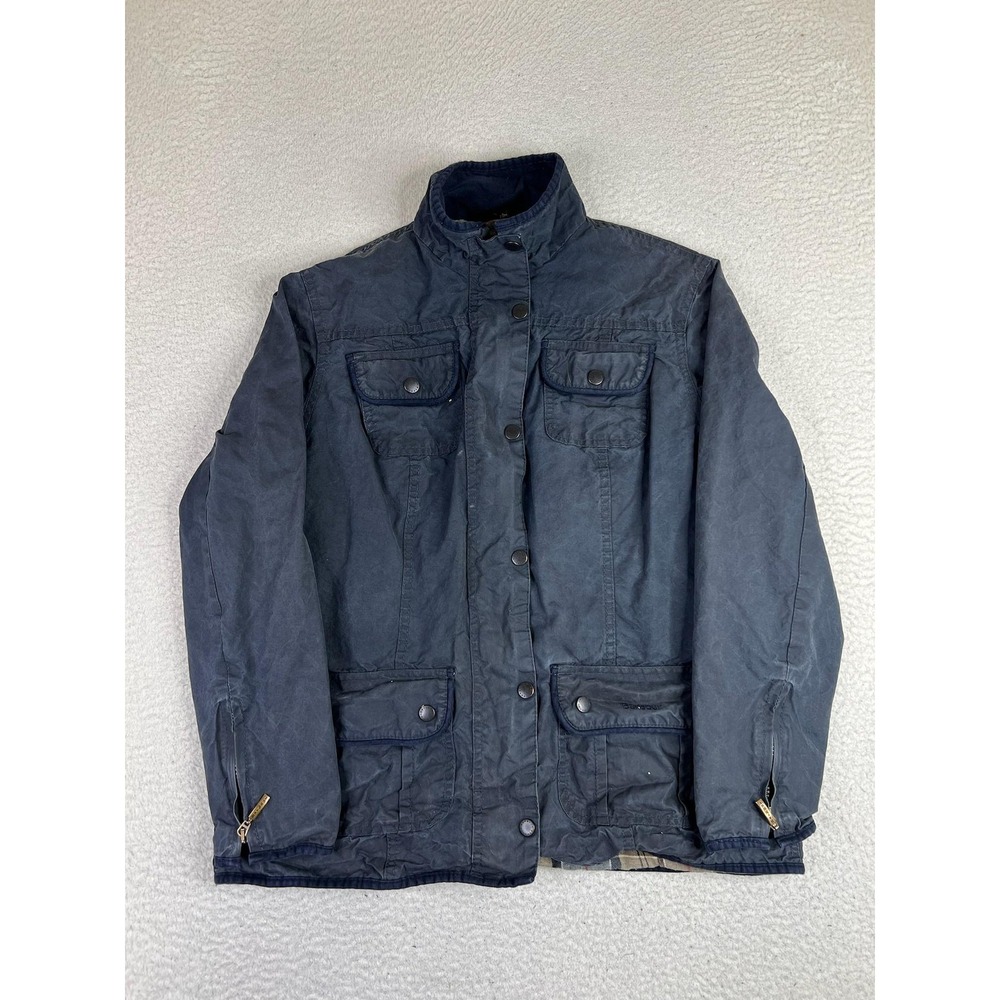 Barbour Jacket Womens 14 Blue Waxed Cotton Utility Military Full Zip L1089